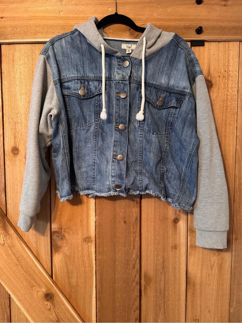 ' Hooded Denim Jacket with Gray knit Sleeve